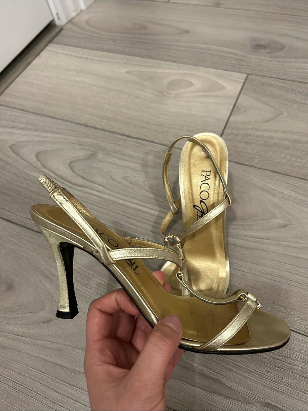 Paco Gil Gold Metallic Strappy Slingback Heels